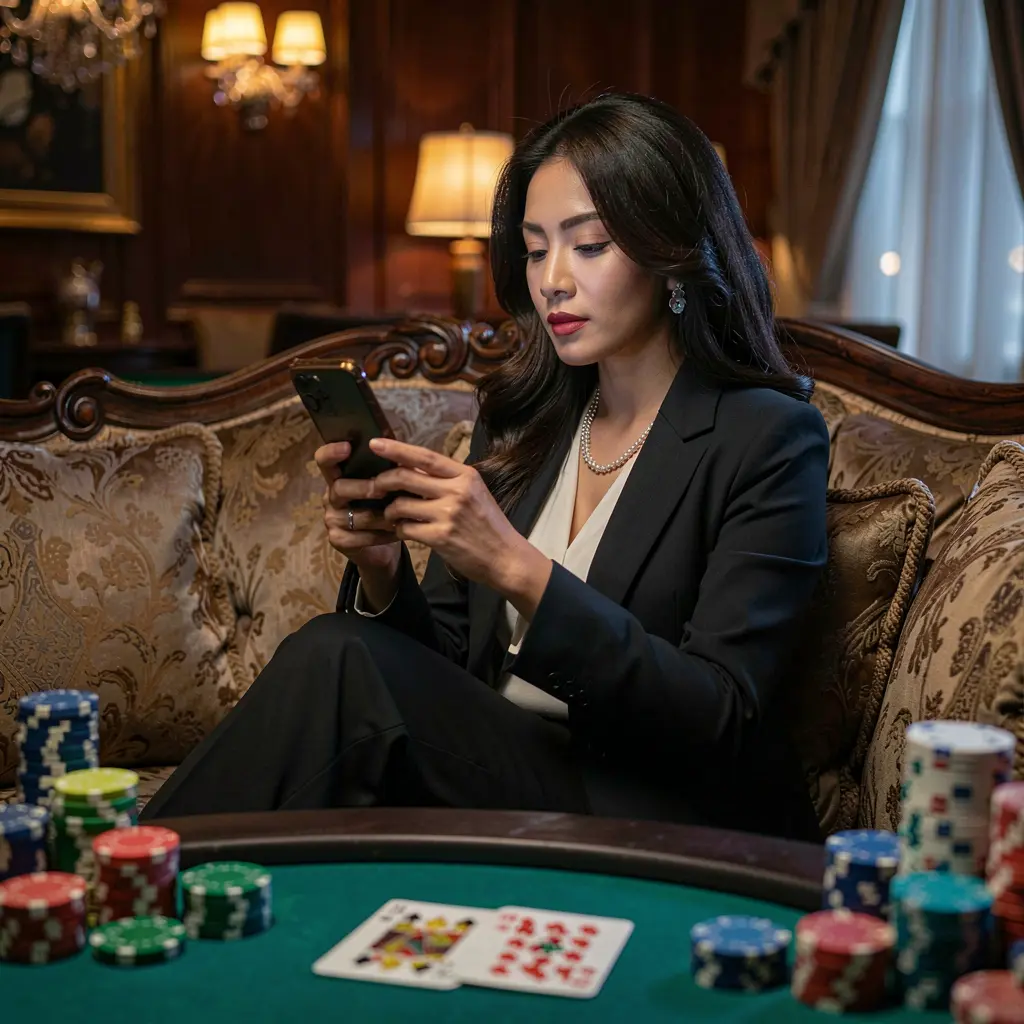 DDDDPH App – Enjoy premium casino entertainment anytime in the Philippines Elegant Filipino woman relaxing on a luxury sofa while using the DDDDPH casino app with glowing chips and cards behind her