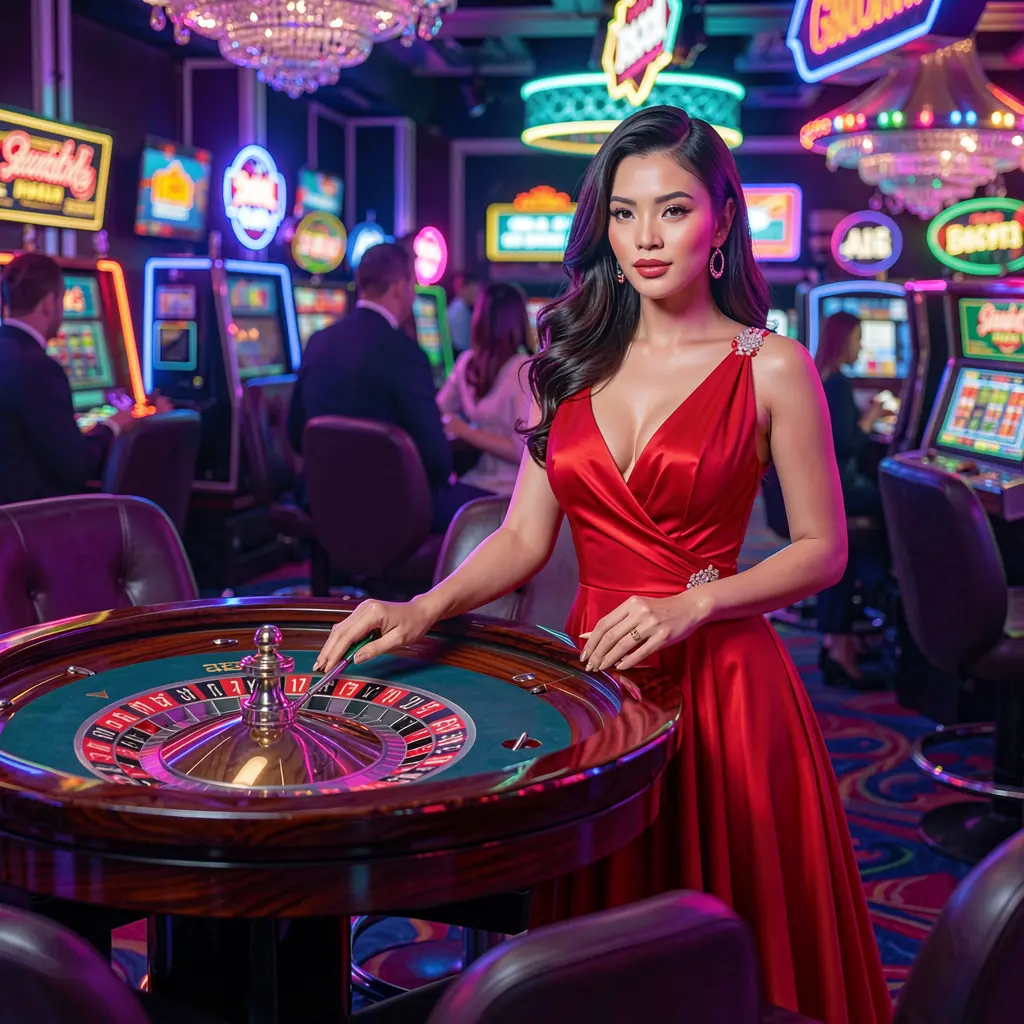 DDDDPH – Experience premium live casino action designed for players in the Philippines Elegant woman in a red dress standing at a futuristic roulette table with glowing lights inside the DDDDPH casino atmosphere in the Philippines