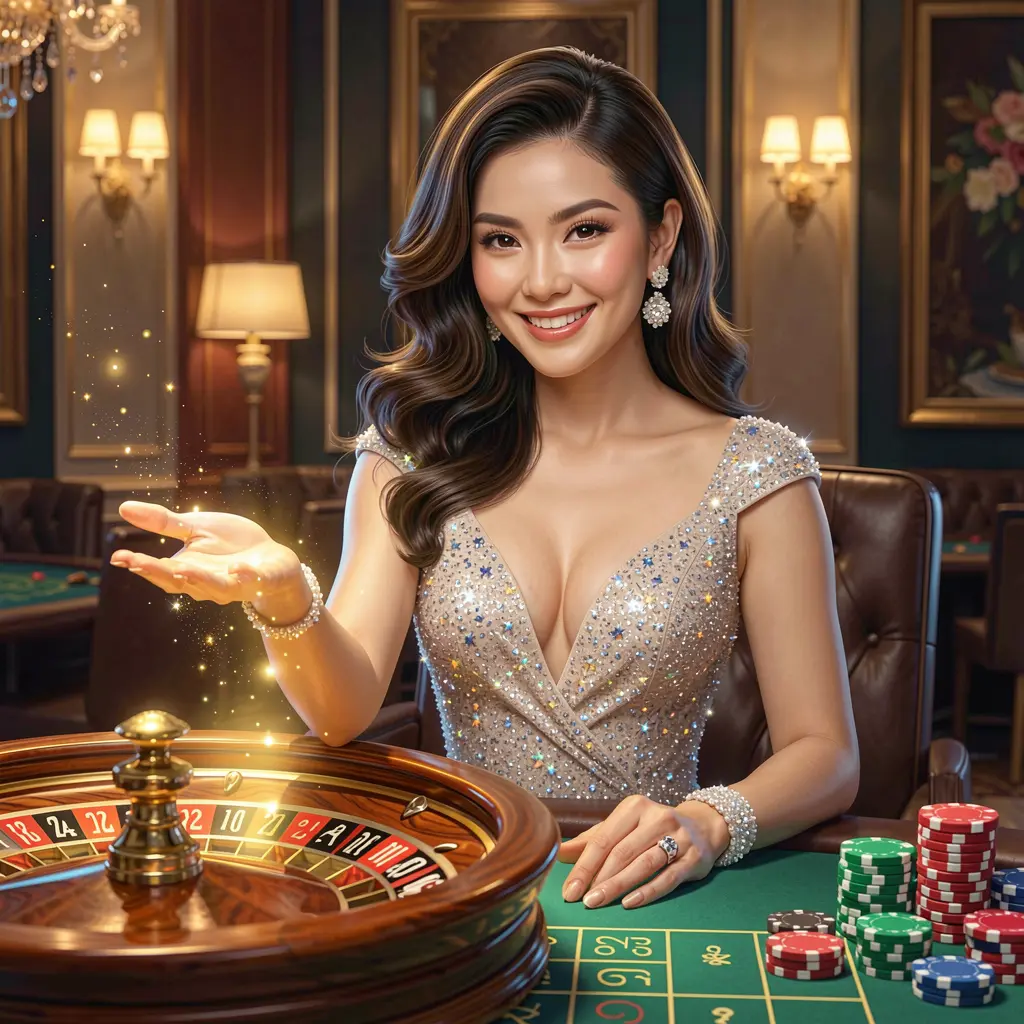 Elegant Filipino casino hostess inviting players to log in with a warm smile and extended hand surrounded by glowing roulette numbers and chips at DDDDPH